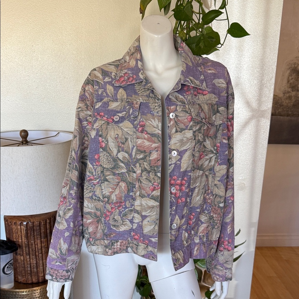 Vintage Norm Thompson Purple Pink Neutral Floral Jean Denim Jacket Shacket